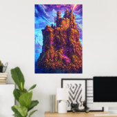 Burg auf einem Felsen im Meer | AI Art Poster (Heimbüro)