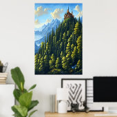 Burg auf einem Hügel im Wald | AI Art Poster (Heimbüro)