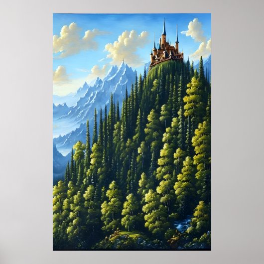 Burg auf einem Hügel im Wald | AI Art Poster (Vorne)