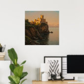 Burg auf einer Klippe - Pastellfarben Malerei Stil Poster (Heimbüro)