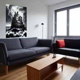 Burg auf Felsen im Sturmmeer AI Art Poster