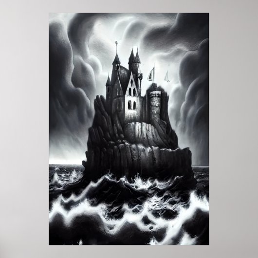 Burg auf Felsen im Sturmmeer | AI Art Poster (Vorne)