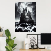 Burg auf Felsen im Sturmmeer | AI Art Poster (Heimbüro)