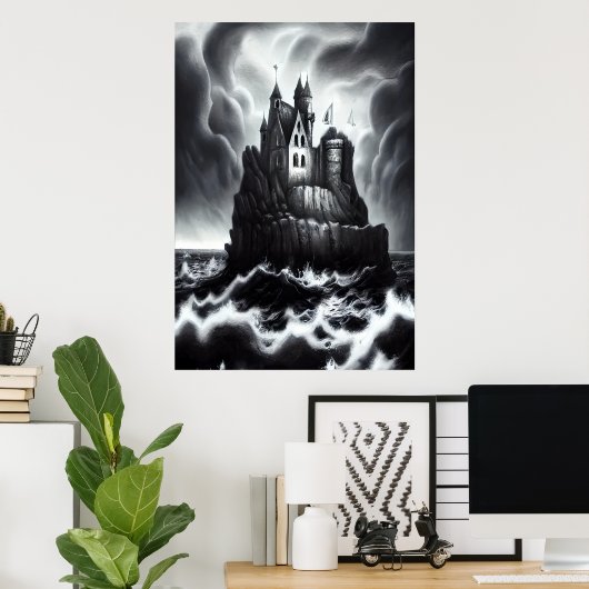 Burg auf Felsen im Sturmmeer | AI Art Poster (Heimbüro)