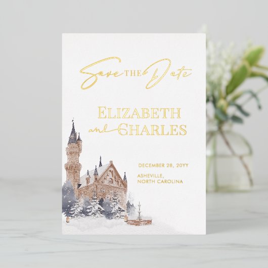 Burg Englischer Manor Alte Kirche Save the Date Folieneinladung (Stehend vorne)