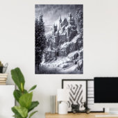 Burg im schneebedeckten Berg | AI Art Poster (Heimbüro)