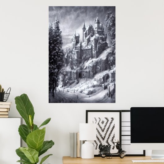 Burg im schneebedeckten Berg | AI Art Poster (Heimbüro)