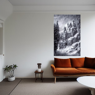 Burg im schneebedeckten Berg AI Art Poster