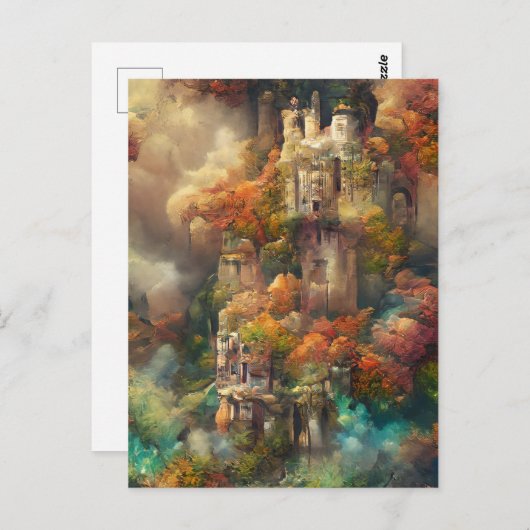Burg im Wald, Fantasy Dschungel, Fall Postkarte (Vorne/Hinten)