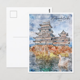 Burg Matsumoto Japan Reiseort Wasserfarbe Postkarte