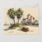 Burg mit Palmen und versteckter Schatztruhe Postkarte (Vorderseite)
