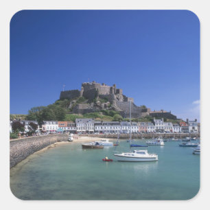 Burg Mount Orgueil und Hafen, Gorey, Jersey Quadratischer Aufkleber
