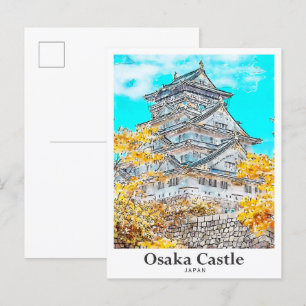 Burg Osaka Japan Reisen Wasserfarben Hand gezogen Postkarte
