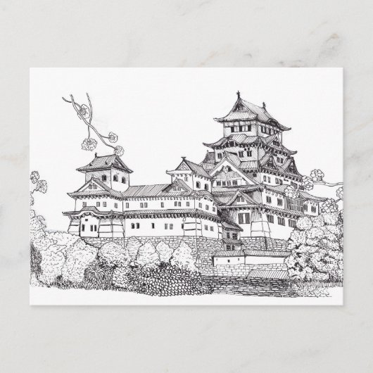 Burg Osaka Japan Schwarz-weiße Illustration Postkarte (Vorderseite)