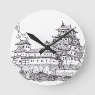Burg Osaka Japan Schwarz-weiße Illustration Runde Wanduhr