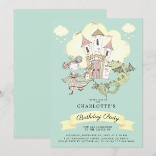 Burg Princess Dragon Girl's Blue Birthday Einladung