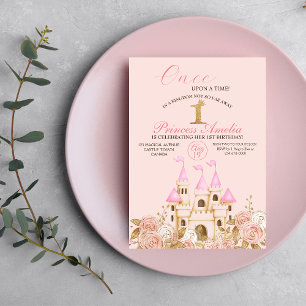 Burg Princess Pink und Gold 1. Geburtstag Party Einladung