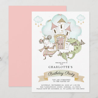 Burg Prinzessin Dragon Girl's Pink Geburtstag Einladung