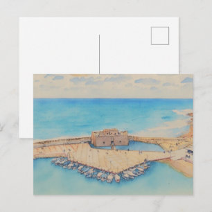 Burg und Hafen von Paphos, Aquarell-Stil Postkarte
