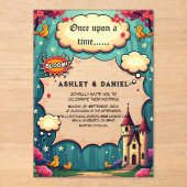 Burg von Wald auf Märchensee Hochzeit Acryleinladungen (Vorderseite)