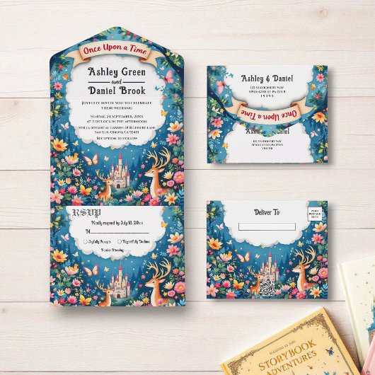 Burg von Wald auf Märchensee Hochzeit All In One Einladung