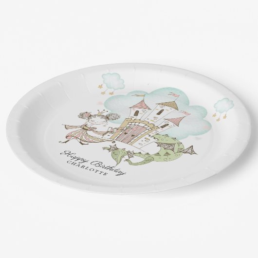 Burg Wasserfarbe Prinzessin Dragon Girl Pappteller (Schrägansicht)
