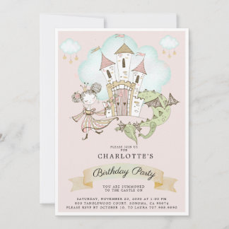 Burg Wasserfarbe Prinzessin Dragon Pink Geburtstag Einladung