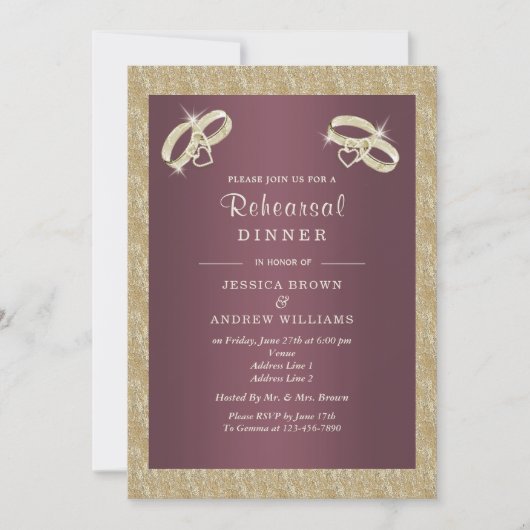 Burgandy, Funkelnd Goldrings Probe Dinner Einladung (Vorderseite)