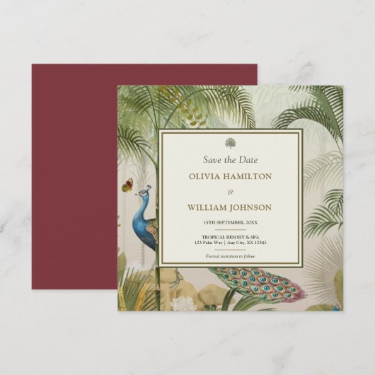 Burgandy Square Tropical Peacock Palm Save The Date (Vorne/Hinten)