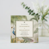 Burgandy Square Tropical Peacock Palm Save The Date (Stehend Vorderseite)