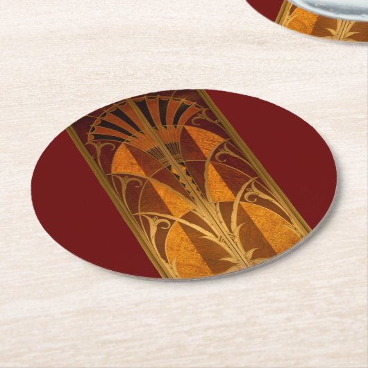 Burgandy und Gold Art Déco Runder Pappuntersetzer (Angewinkelt)