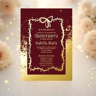 Burgandy und Gold Foil Quinceñera Einladung Bow