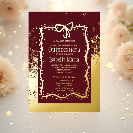 Burgandy und Gold Foil Quinceñera Einladung Bow
