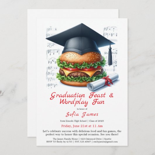 Burger Bash Graduation Celebration Invitation Einladung (Vorne/Hinten)