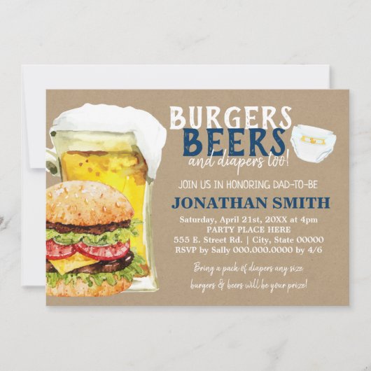 Burger, Biere und Windeln zu Papa zum Duschen Einladung (Vorderseite)