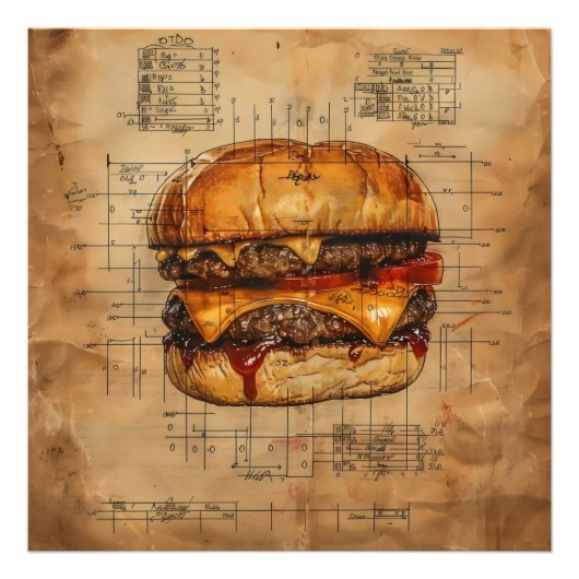 Burger Blueprint Vintag Fotodruck (Vorne)