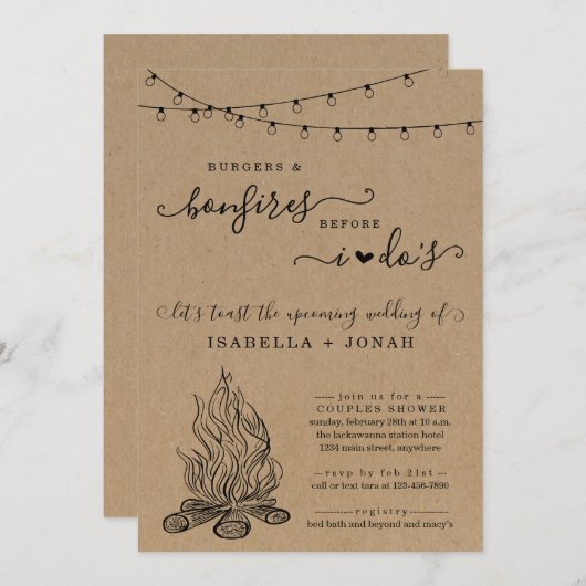 Burger & Bonfire vor dem Dos Couple Brautparty Einladung (Vorne/Hinten)