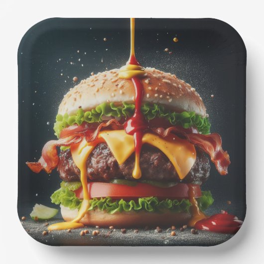 Burger mit Spritzsoße Pappteller (Vorderseite)