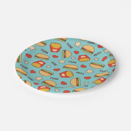 Burger-u. Fischrogen-Muster Pappteller (Schrägansicht)