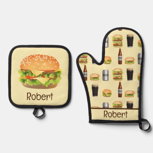 Burger und Biere Ofenhandschuh & Topflappen-Set (Vorderseite)