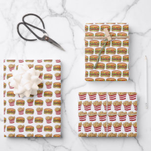 Burger und Fries Fast Food Cheeseburger Französisc Geschenkpapier Set