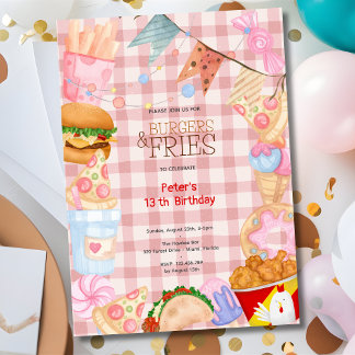 Burgers and Pommes Fastfood Geburtstagsparty Einladung