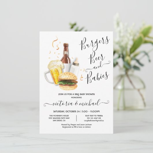 Burgers Beer and Babies Baby Shower Einladung (Stehend Vorderseite)