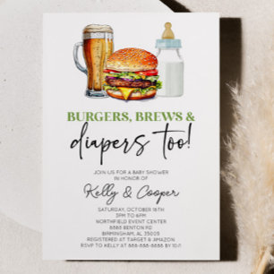 Burgers Brews and Diapers auch! Babyparty Einladung