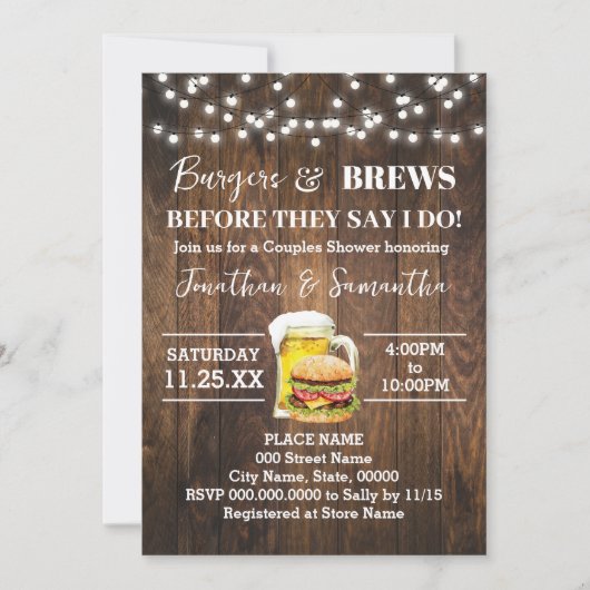 Burgers & Brews bevor ich Western Paare Dusche Einladung (Vorderseite)