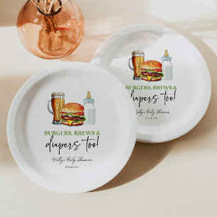 Burgers Brews und Windeln auch! Babyparty Pappteller