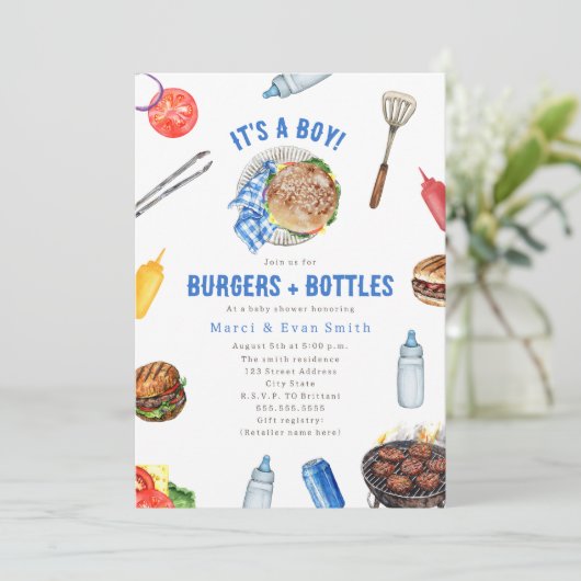 Burgers + Flaschen Cookout Boy Baby Dusche Einladung (Stehend Vorderseite)