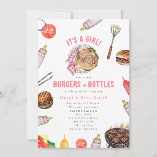 Burgers + Flaschen Cookout Girl Baby Dusche Einladung (Vorderseite)