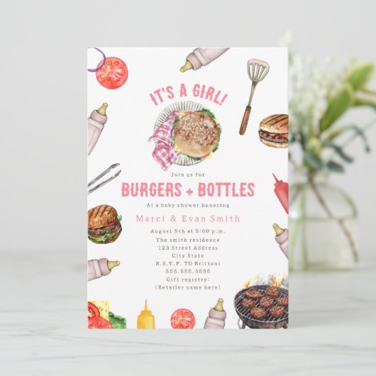 Burgers + Flaschen Cookout Girl Baby Dusche Einladung (Stehend Vorderseite)