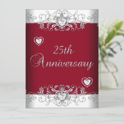 Burgund 25. Hochzeitstag Diamantherzen Einladung (Stehend Vorderseite)